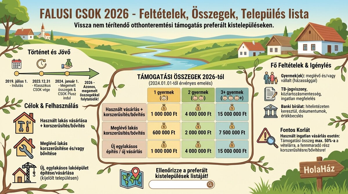 Falusi CSOK 2026 infografika, összegek és feltételek
