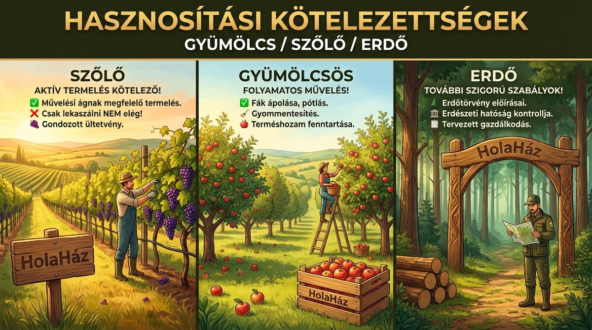 Földtörvény szerinti hasznosítás: szőlő, gyümölcsös, erdő esetén