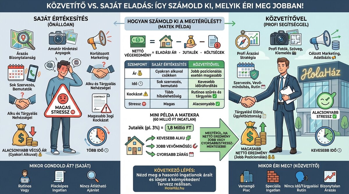 önálló ingatlan eladás vagy közvetítővel inforgrafika