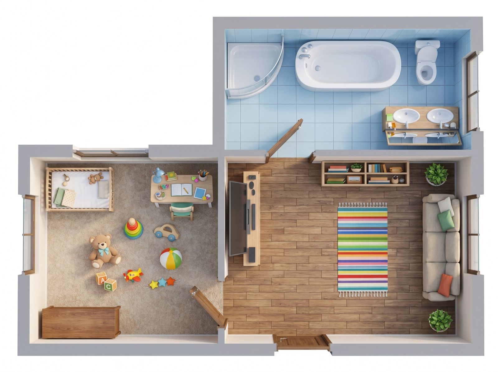 Élethű bútorozott alaprajz – kanapé, ágy, étkező elhelyezve