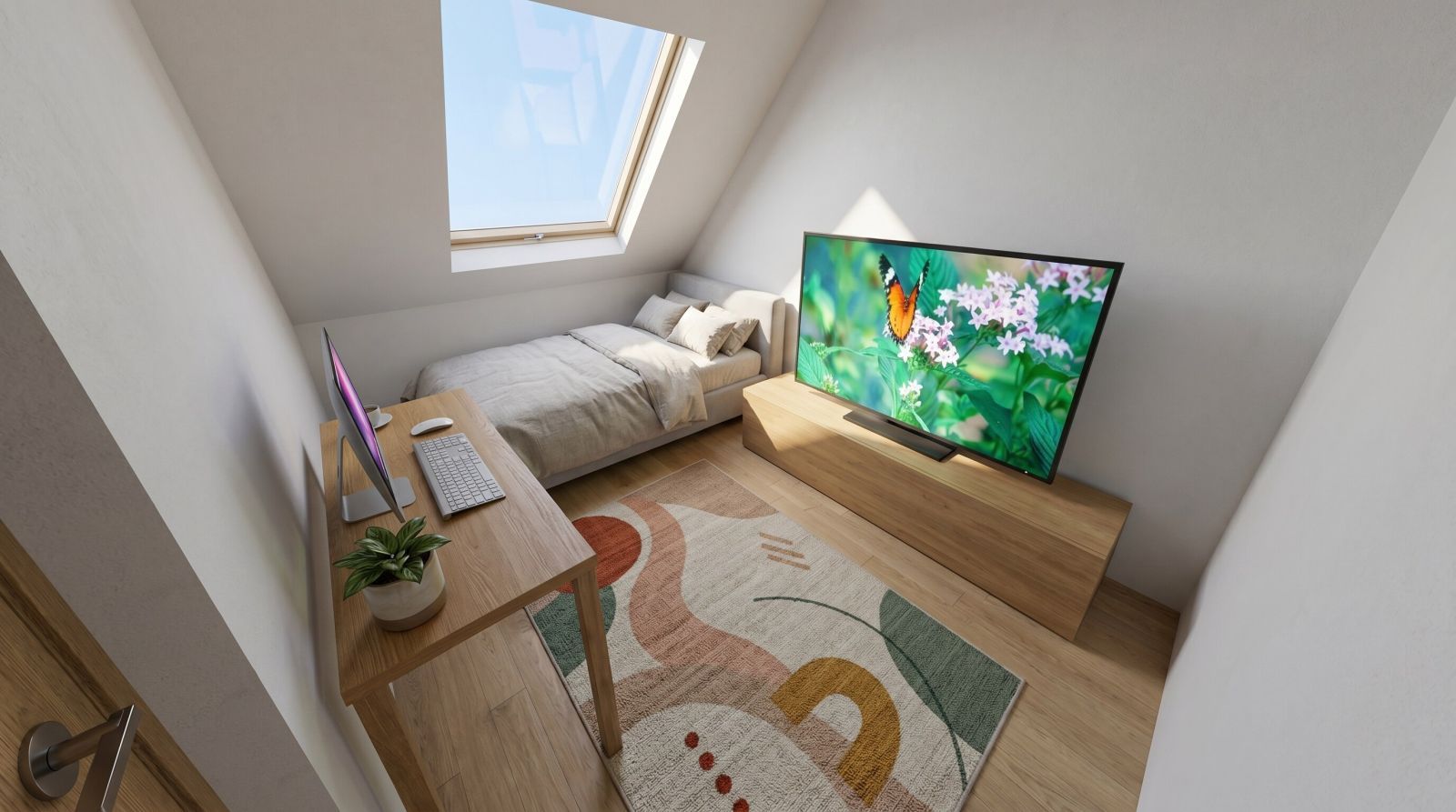 Tetőtéri alaprajz – 3D nézet tetőablakokkal, ferde mennyezettel